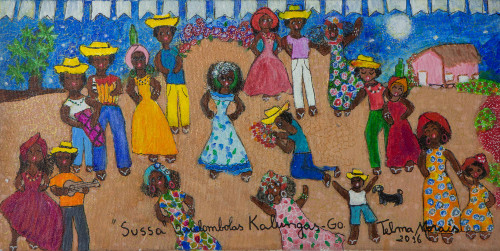 Signed Naif Painting of a Dance Scene from Brazil 'Sussa Dance...Village Kalunga'