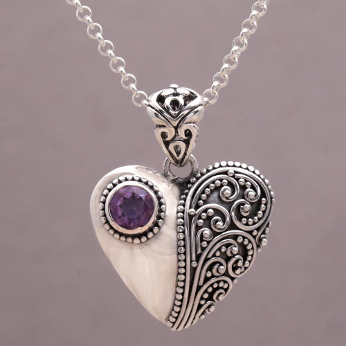 Amethyst and Sterling Silver Heart Shaped Necklace 'Swirling Passion'