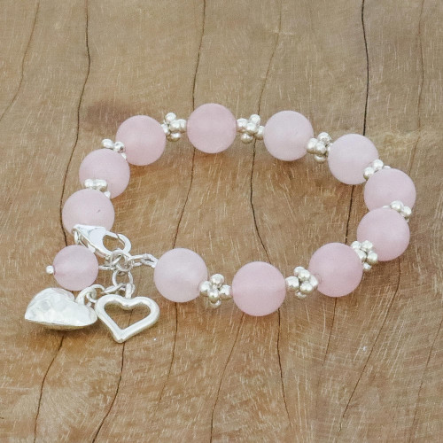 Rose Quartz Beaded Bracelet with Heart Charms from Thailand 'Soft Hearts'