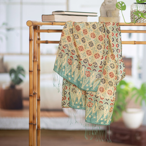 Batik Silk Shawl with Multicolored Floral Motifs from Bali 'Ceplok Petals in Moss Green'