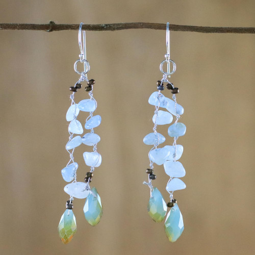 Blue Quartz and Glass Bead Dangle Earrings from Thailand 'Crystalline Drops in Blue'