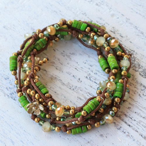 Green Calcite Beaded Wrap Bracelet from Thailand 'Forest Party'