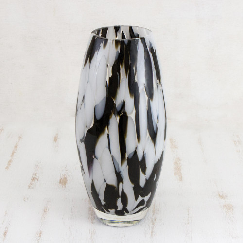 Hand Blown Murano-Style Art Glass Vase in Black and White 'Elegant Drip'