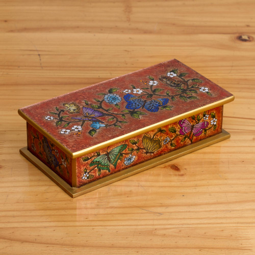 Reverse Painted Glass Butterfly Decorative Box in Red 'Glorious Butterflies in Red'