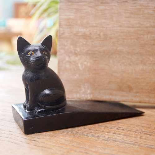 Handcrafted Suar Wood Cat Doorstop in Black from Bali 'Helpful Kitten in Black'