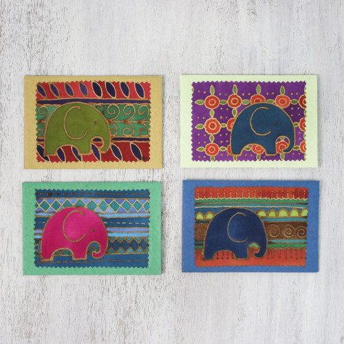 Batik Cotton and Paper Elephant Greeting Cards Set of 4 'Elephant Journeys'
