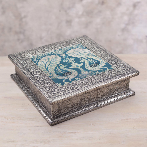 Nickel Plated Brass Decorative Box with Peacocks from India 'Majestic Peacock'
