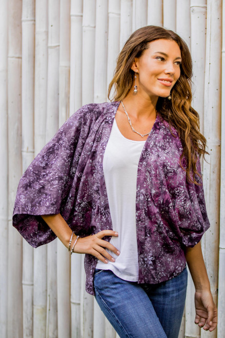 Purple Batik Short Rayon Kimono Jacket 'Lavish Garden in Boysenberry'