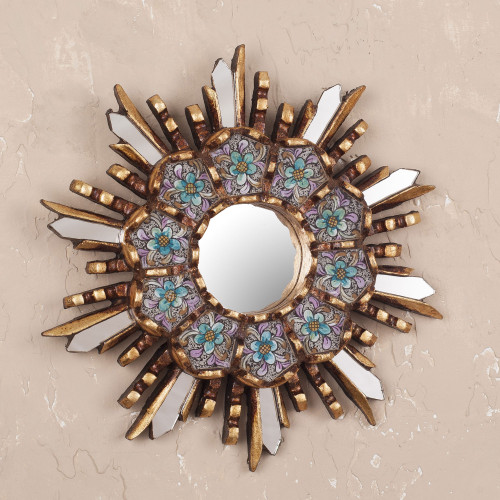 Round Wall Mirror with Floral Reverse Painted Glass 'Cuzco Meadow'