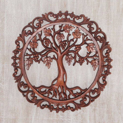 Artisan Hand-Carved Grape Vine Wall Relief Panel from Bali 'Grape Vine Circle'