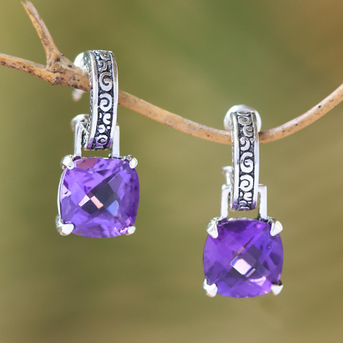 Amethyst and Sterling Silver Dangle Earrings from Bali 'Buddha Hoops'