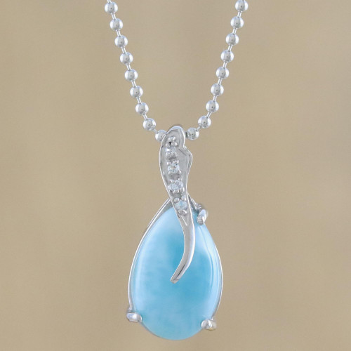 Drop-Shaped Larimar and CZ Pendant Necklace from Thailand 'Cradled Drop'