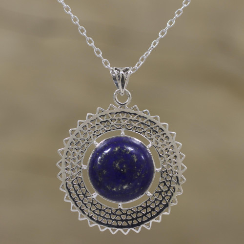 Lapis Lazuli and Sterling Silver Necklace from India 'Triangular Sun Rays'