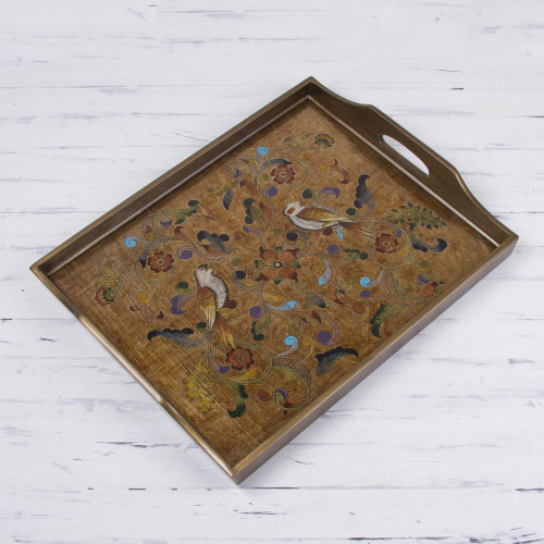 Reverse Painted Glass Tray with Bird and Floral Motifs 'Countryside Garden'