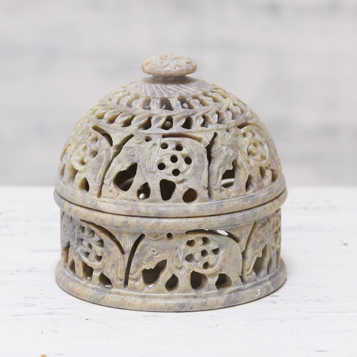 Elephant-Themed Soapstone Decorative Jar from India 'Elephant Alliance'