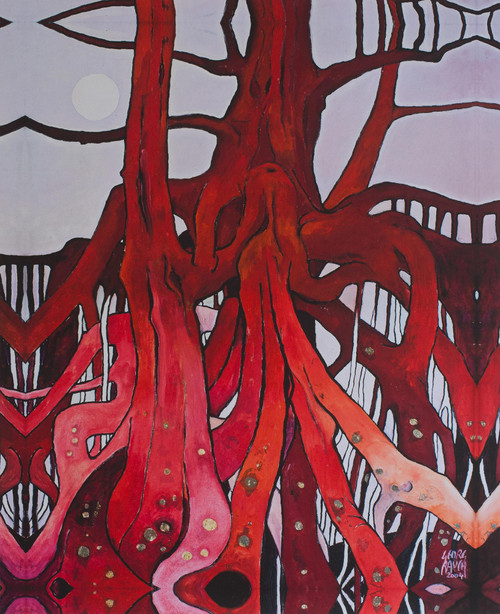 Signed Surrealist Giclee Artwork of Trees in Red from Mexico 'Red Roots with Gold'