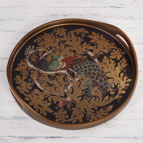 Reverse-Painted Glass Peacock Tray from Peru 'Mystic Peacock'