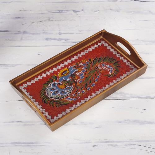 Red Floral Reverse-Painted Glass Tray from Peru 'Garden Arrangement'