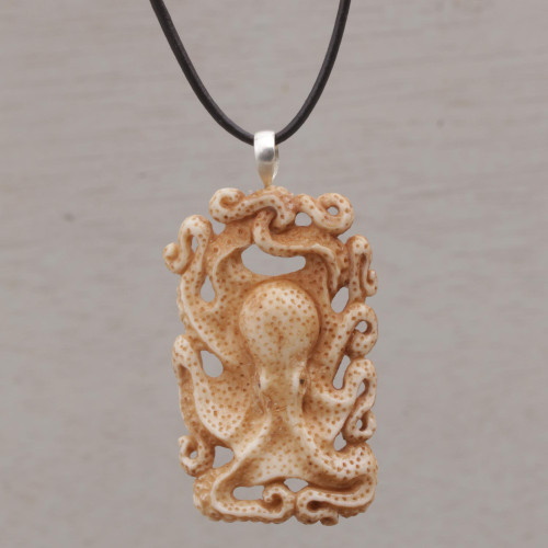 Handcrafted Bone Octopus Pendant Necklace from Bali 'Octopus Refuge'
