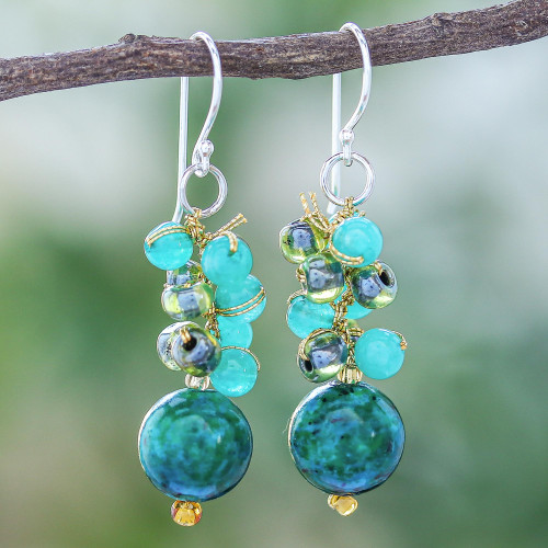 Serpentine and Quartz Dangle Earrings from Thailand 'Fun Circles in Teal'