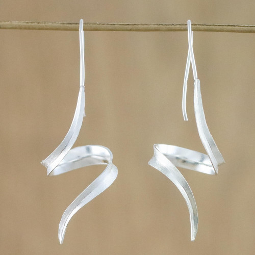 Thai Sterling Silver Drop Earrings with Spiral Motif 'Ribbon Curls'