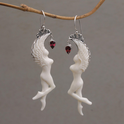 Garnet and Bone Angel Dangle Earrings from Bali 'Dancing Angels'