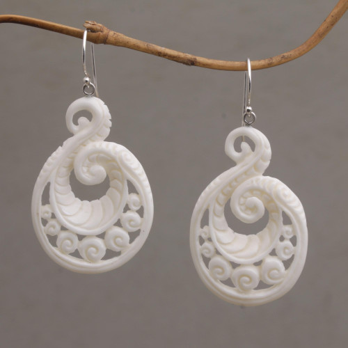 Handcrafted Bone Spiral Motif Dangle Earrings from Bali 'Swirling Scales'