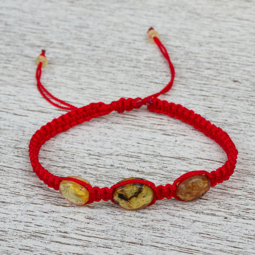 Red Nylon Braided Bracelet with Amber Beads from Mexico 'Amber Passion'