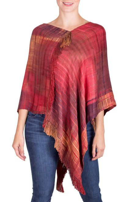 Hand Woven Rayon Poncho from Guatemala 'Beautiful Flame'