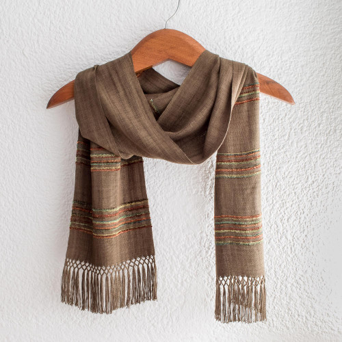 Olive Green Backstrap Loom Handwoven Rayon Scarf 'Mystic Maya Olive Grove'