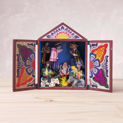 Handcrafted Wood and Plaster Nativity Retablo from Peru 'Sacred Nativity'