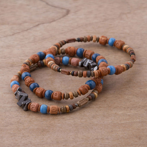 Three Hematite and Ceramic Beaded Bracelets in Earth Tones 'Andean Eyes'