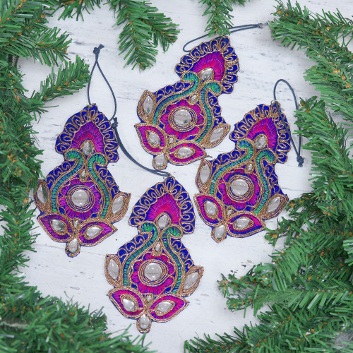 Set of 4 Glamorous Beaded Zari Embroidered Ornaments 'Christmas Glam'
