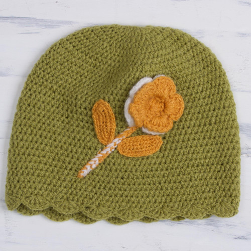 Floral Crocheted Alpaca Blend Hat in Chartreuse from Peru 'Sweet Blossom'