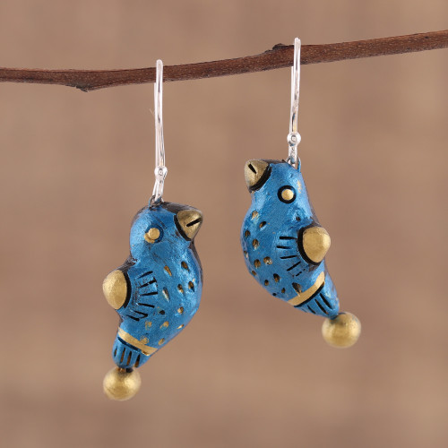 Hand Crafted Terracotta Blue Bird Earrings from India 'Dancing Sparrow'