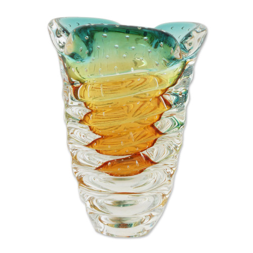 Hand Blown Amber and Green Art Glass Vase from Brazil 'Spiraling Twister'