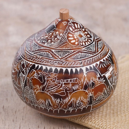 Hand Carved Gourd Decorative Box with Harvest Dance Scene 'Harvest Dance'