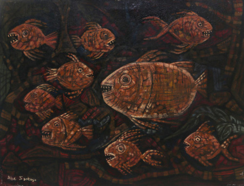 Signed Modern Piranha Painting from Indonesia 'Twilight Pirhanas'