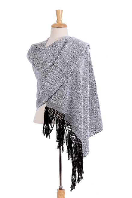 Handwoven White and Black Zapotec Cotton Rebozo Shawls 'Striped Diamonds in White'