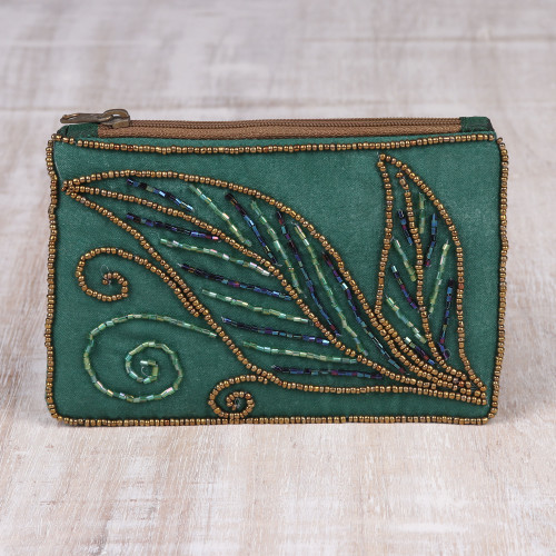 Pine Green Cotton and Silk Clutch with Leaf Motif Beading 'Enchanting'