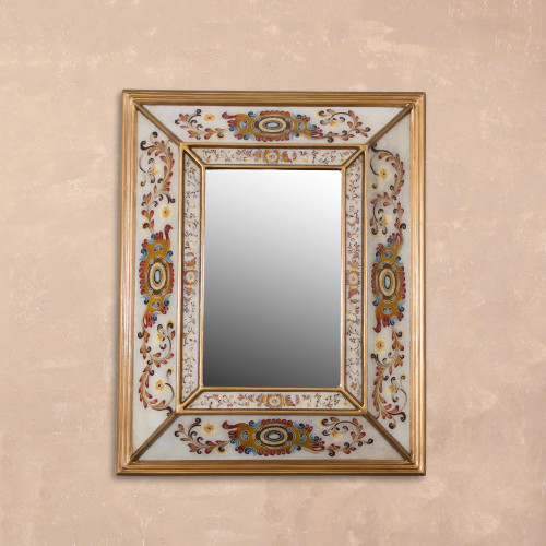 Floral Reverse-Painted Glass Wall Mirror from Peru 'Regal Majesty'