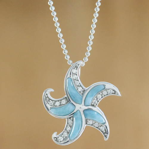 Larimar and Sterling Silver Starfish Pendant Necklace 'Starfish Sparkle'