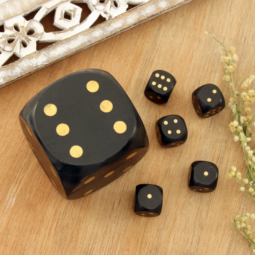 Black Mango Wood with Brass Dots Decorative Box and Dice Set 'Elegant Dice'