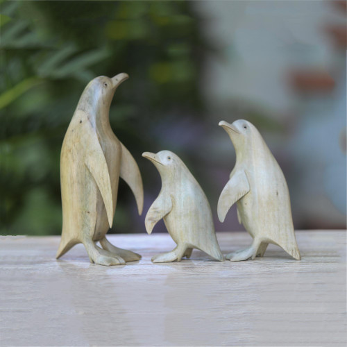 Set of Three Hand-Carved Hibiscus Wood Penguin Family 'Penguin Family'