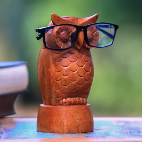 Owl-Shaped Jempinis Wood Eyeglasses Holder from Bali 'Wise Owl'