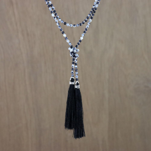 Agate Beaded Lariat Necklace in Black from Thailand 'Festive Holiday in Black'