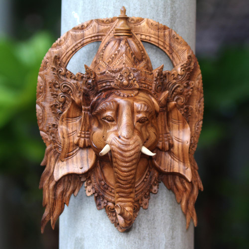 Lord Ganesha Hand Carved Wood Decorative Wall Mask from Bali 'Natural Ganesha'