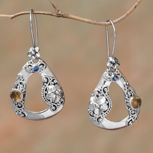 Floral Citrine and Blue Topaz Dangle Earrings from Bali 'Evening Jepun'