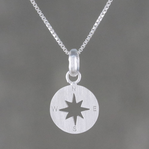 Sterling Silver Compass Pendant Necklace from Thailand 'Gleaming Compass'