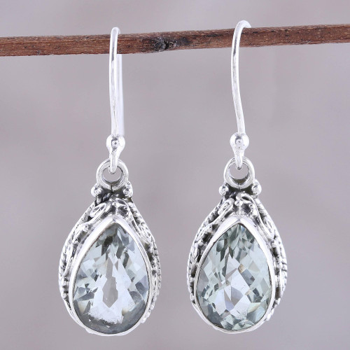 Prasiolite and Sterling Silver Dangle Earrings from India 'Verdant Mist'